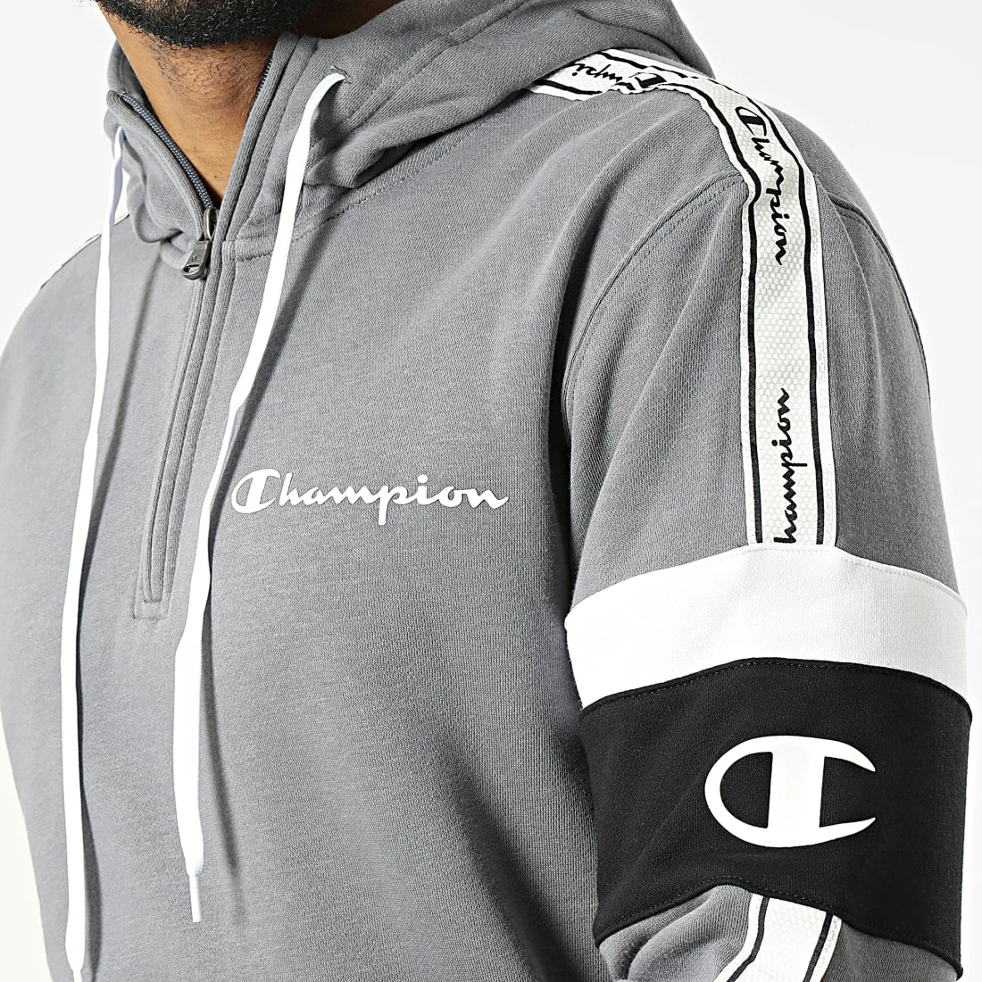 Sweat Capuche Col Zippé A Bandes 217190 Gris de Champion 4 Sweat Capuche Col Zippé A Bandes 217190 Gris de Champion – Image 2