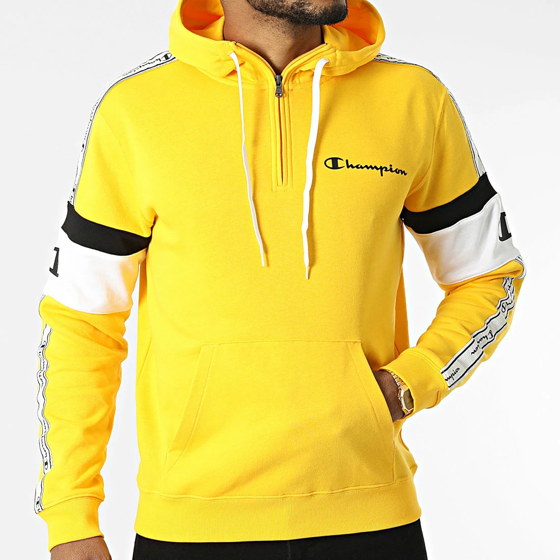 Sweat Capuche Col Zippé A Bandes 217190 Jaune de Champion 5 Sweat Capuche Col Zippé A Bandes 217190 Jaune de Champion – Image 3