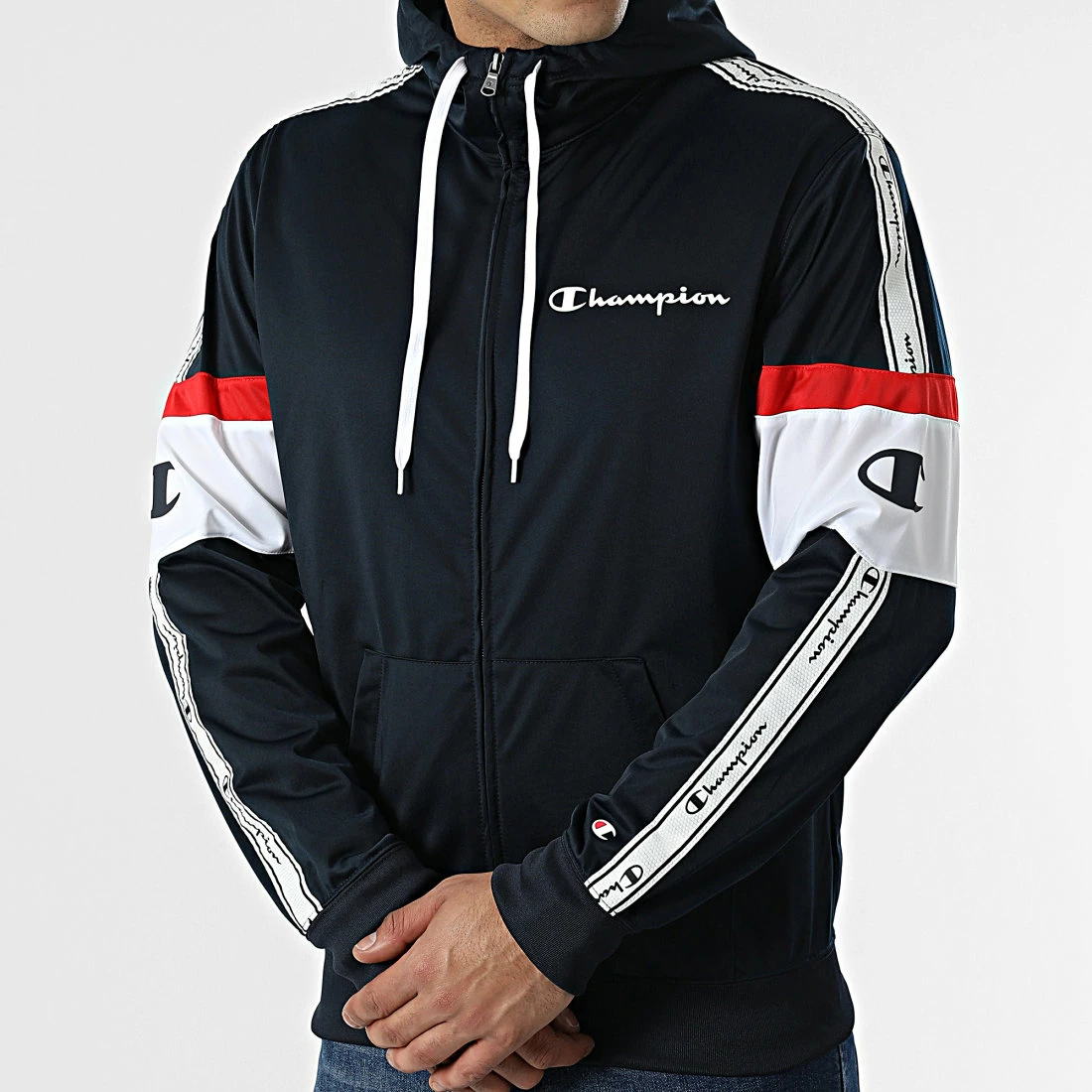 Veste Zippée Capuche Tricolore A Bandes 217192 Noir Blanc de Champion 5 Veste Zippée Capuche Tricolore A Bandes 217192 Noir Blanc de Champion – Image 3