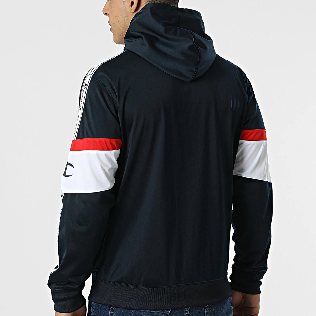 Veste Zippée Capuche Tricolore A Bandes 217192 Noir Blanc de Champion 6 Veste Zippée Capuche Tricolore A Bandes 217192 Noir Blanc de Champion – Image 4