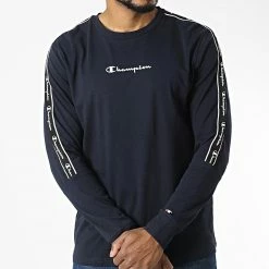 Tee Shirt Manches Longues A Bandes 217837 Bleu Marine de Champion