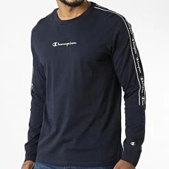 Tee Shirt Manches Longues A Bandes 217837 Bleu Marine de Champion -Champion Soldes champion 327893 217837 BS501 20220719T161439 03