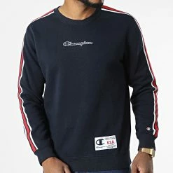 Sweat Crewneck A Bandes 217843 Bleu Marine de Champion -Champion Soldes champion 328829 217843 BS501 20220721T160644 03