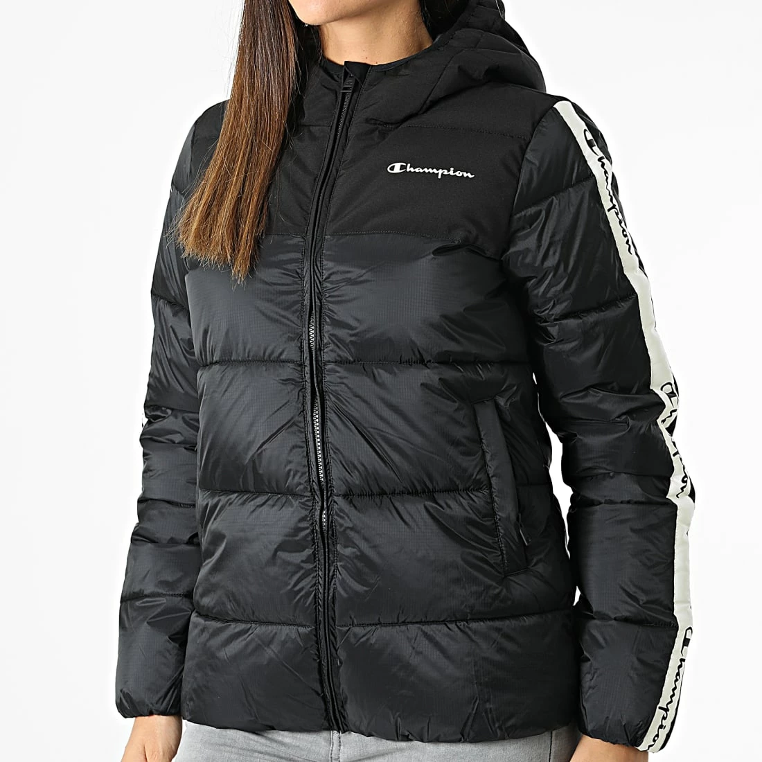 Doudoune Capuche Femme A Bandes 115755 Noir de Champion 5 Doudoune Capuche Femme A Bandes 115755 Noir de Champion – Image 3