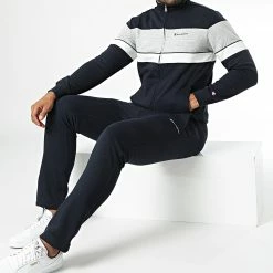 Ensemble Sweat Zippé Et Pantalon Jogging 218112 Bleu Marine Gris Chiné de Champion
