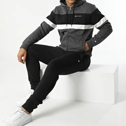 Ensemble Sweat Zippé Capuche et Pantalon Jogging 218113 Gris Anthracite Chiné Noir de Champion