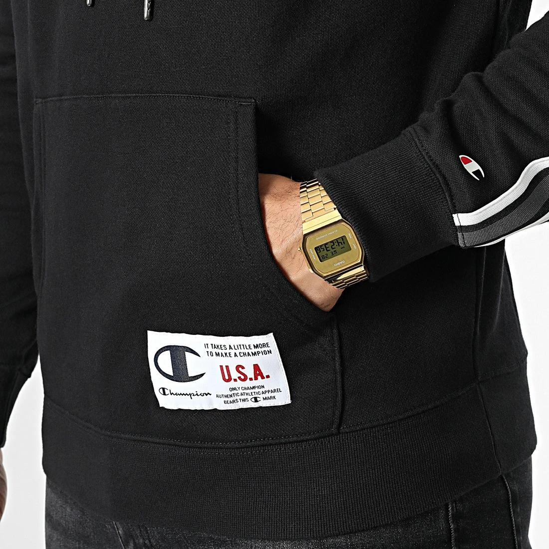 Sweat Capuche A Bandes 217842 Noir de Champion 4 Sweat Capuche A Bandes 217842 Noir de Champion – Image 2