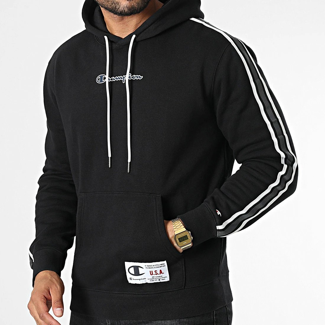 Sweat Capuche A Bandes 217842 Noir de Champion 5 Sweat Capuche A Bandes 217842 Noir de Champion – Image 3